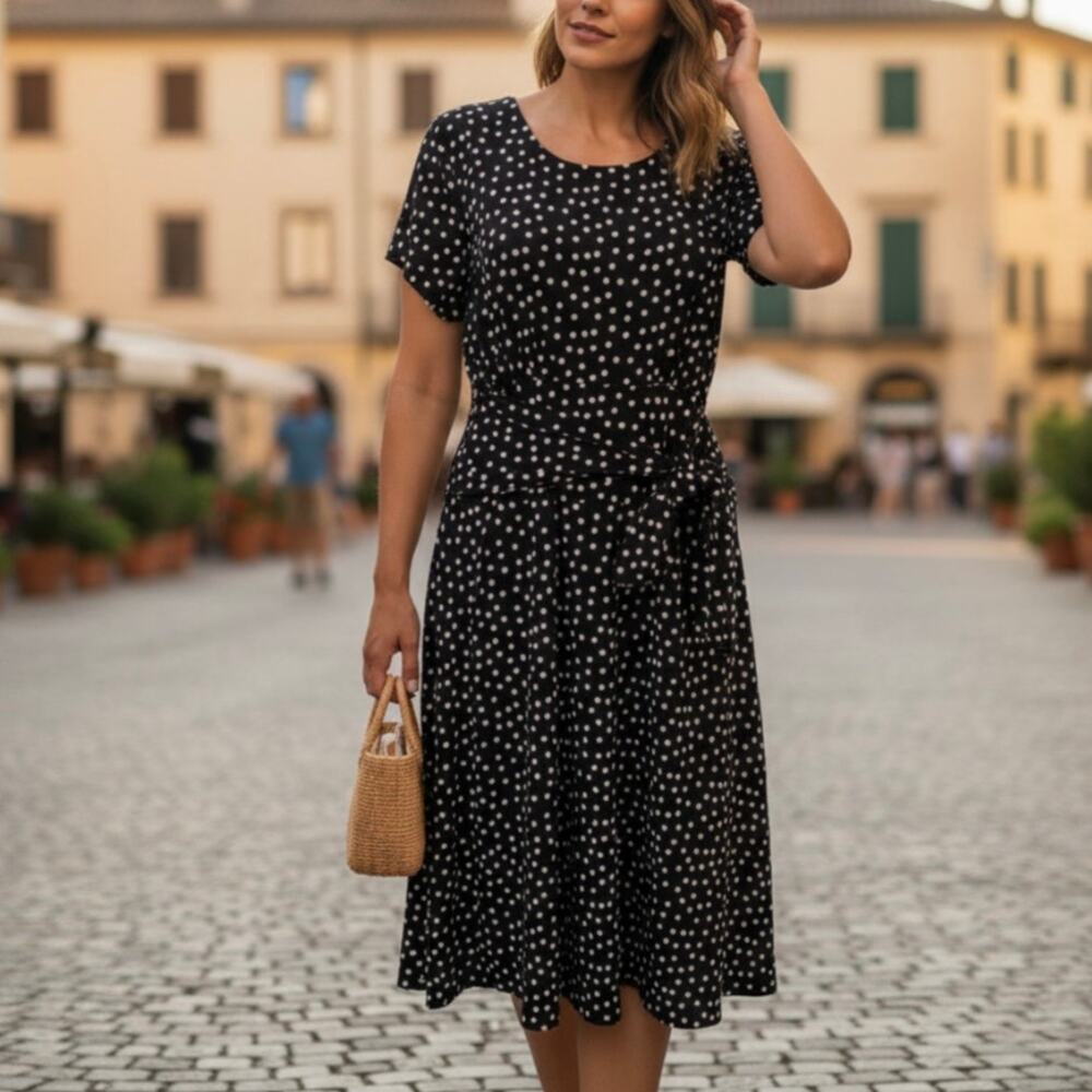 Leota Black Giselle White Polka Dot Tie Waist A-Line Dress